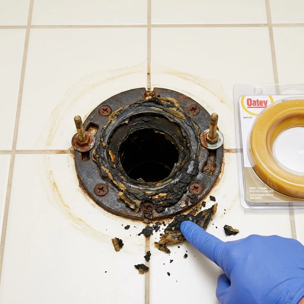 Failed wax ring showing water seepage at the base of a toilet in a Milton, LA home